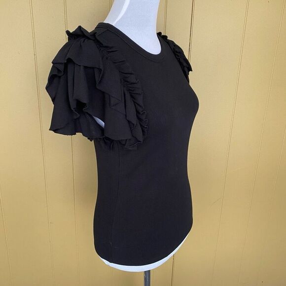 Express women M Crewneck ribbed short sleeve with ruffle top black - Picture 3 of 8